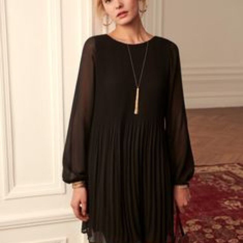 Sezane Black Pleated Long-Sleeve Chiffon Dress